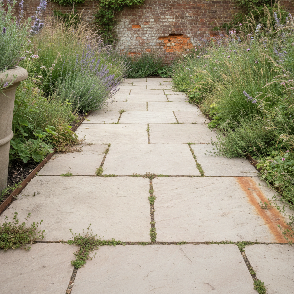 AI garden path design generator result: a riven buff sandstone flagstone path with creeping thyme and moss in the open joints, running between two deep cottage borders
