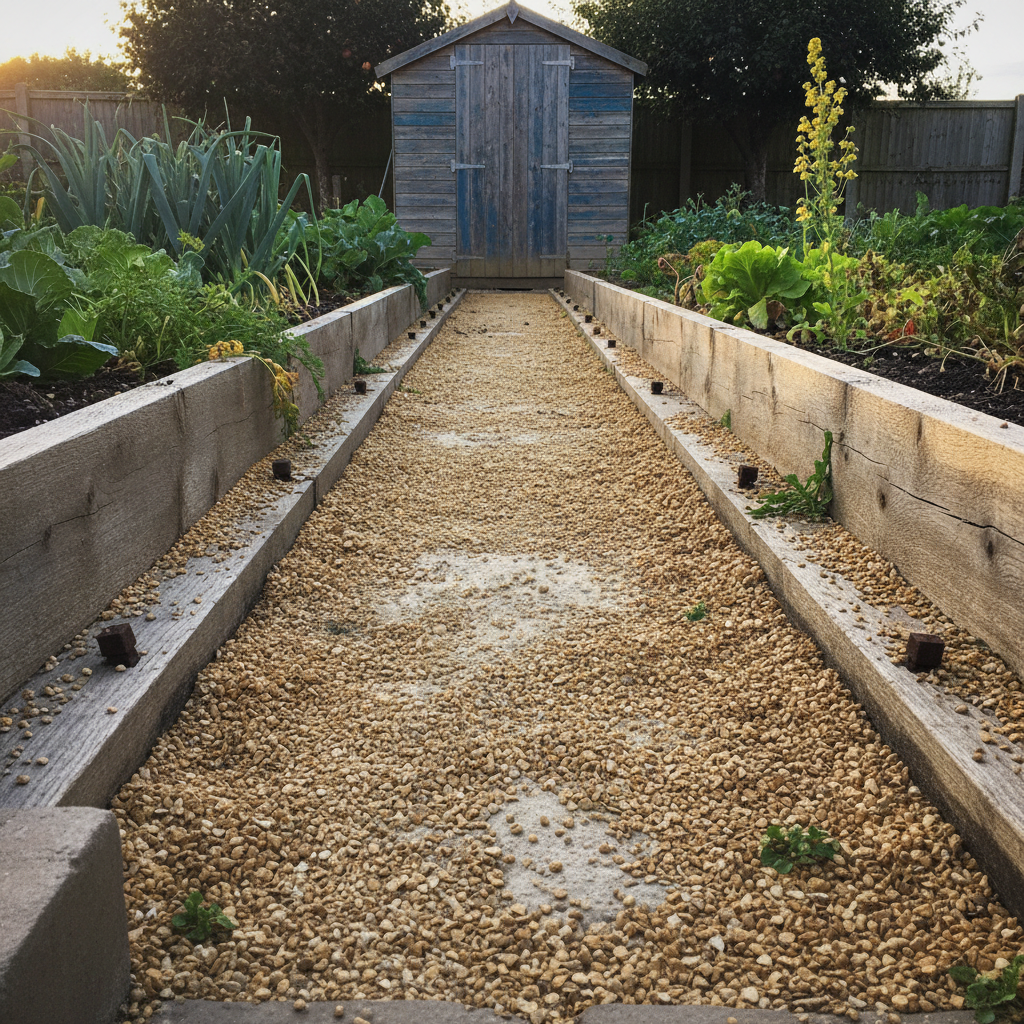 AI garden path design generator result: a golden self-binding gravel path edged with silvered oak sleepers running between vegetable raised beds to a shed door