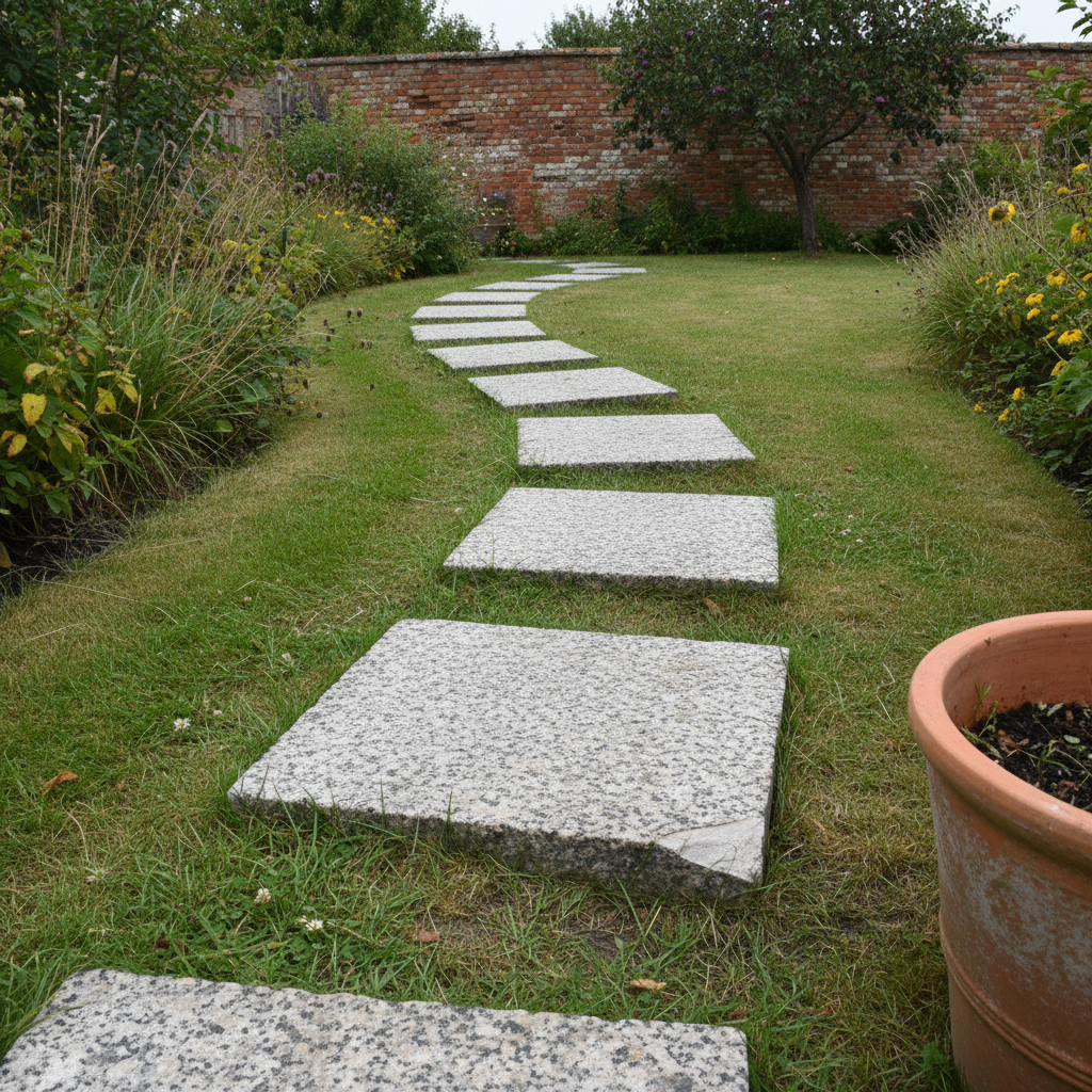 AI garden path design generator result: square sawn granite stepping stones bedded into a mown lawn and curving around a planted border