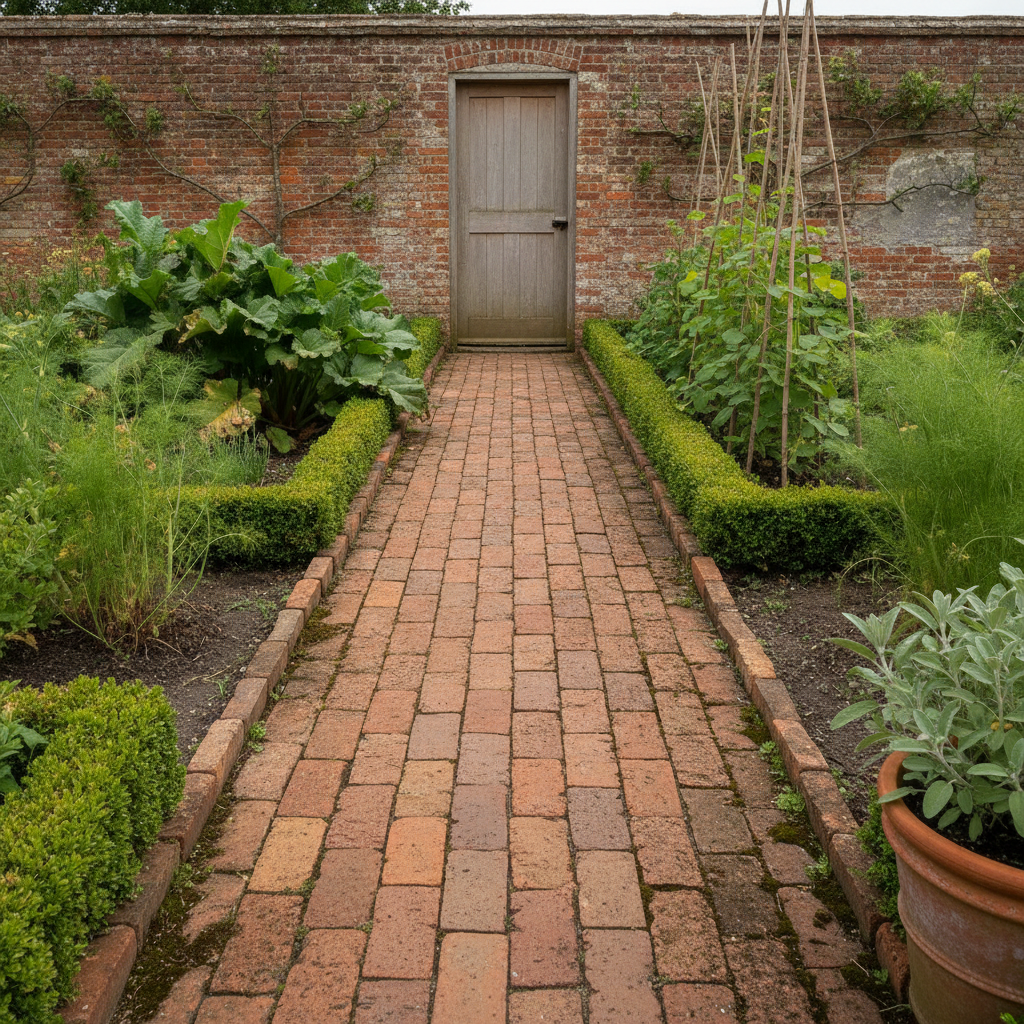 AI garden path design generator result: an old clay brick path worn hollow down the middle, running between low box hedges in a walled kitchen garden