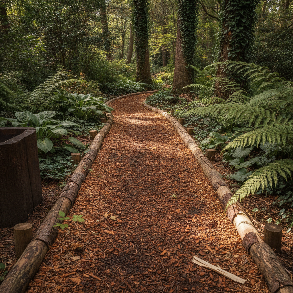 AI garden path design generator result: a chipped bark woodland path edged with half-round logs winding through hostas and ferns in dappled light