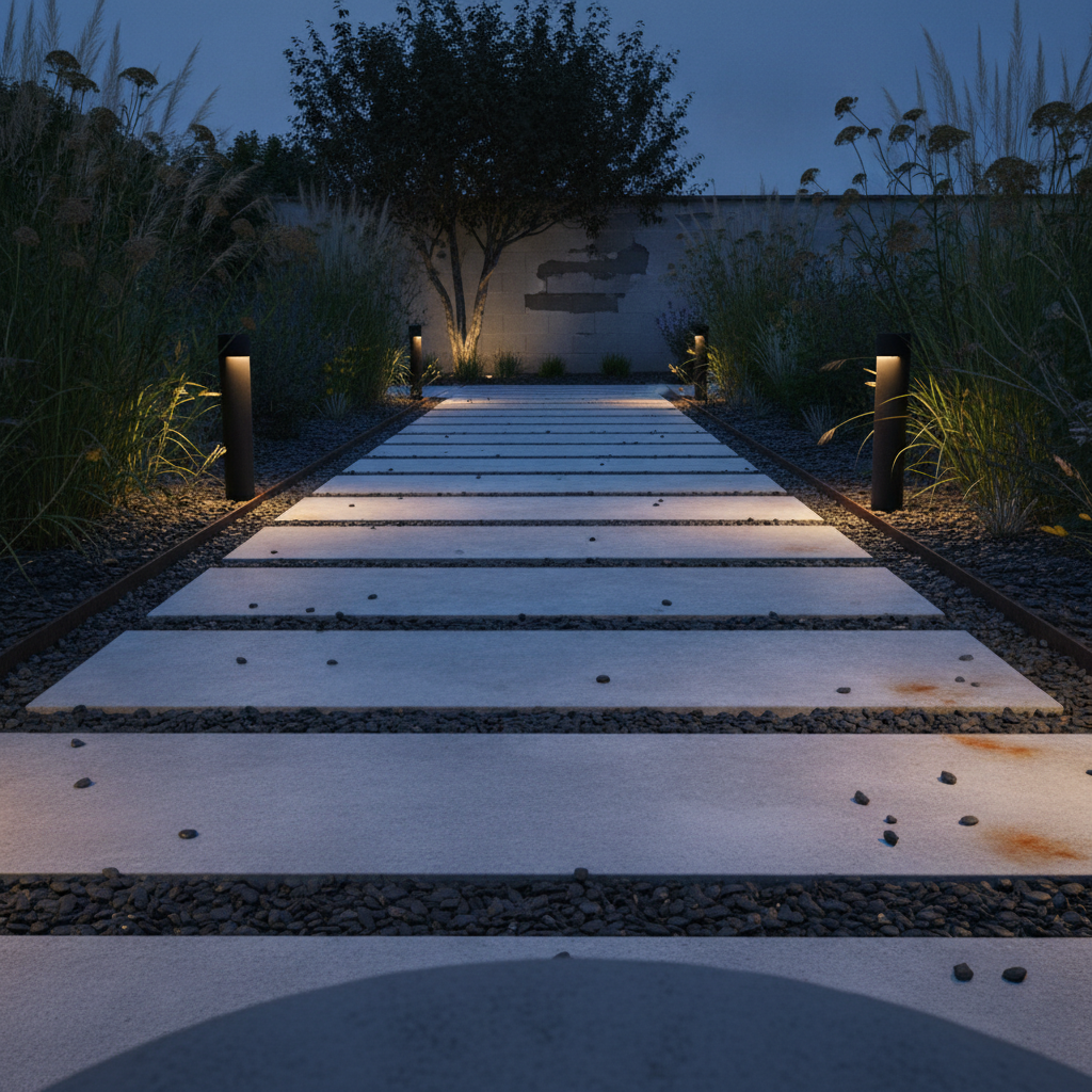 AI garden path design generator result: pale porcelain paving planks separated by dark basalt chipping strips, lit by low bollard lights at dusk