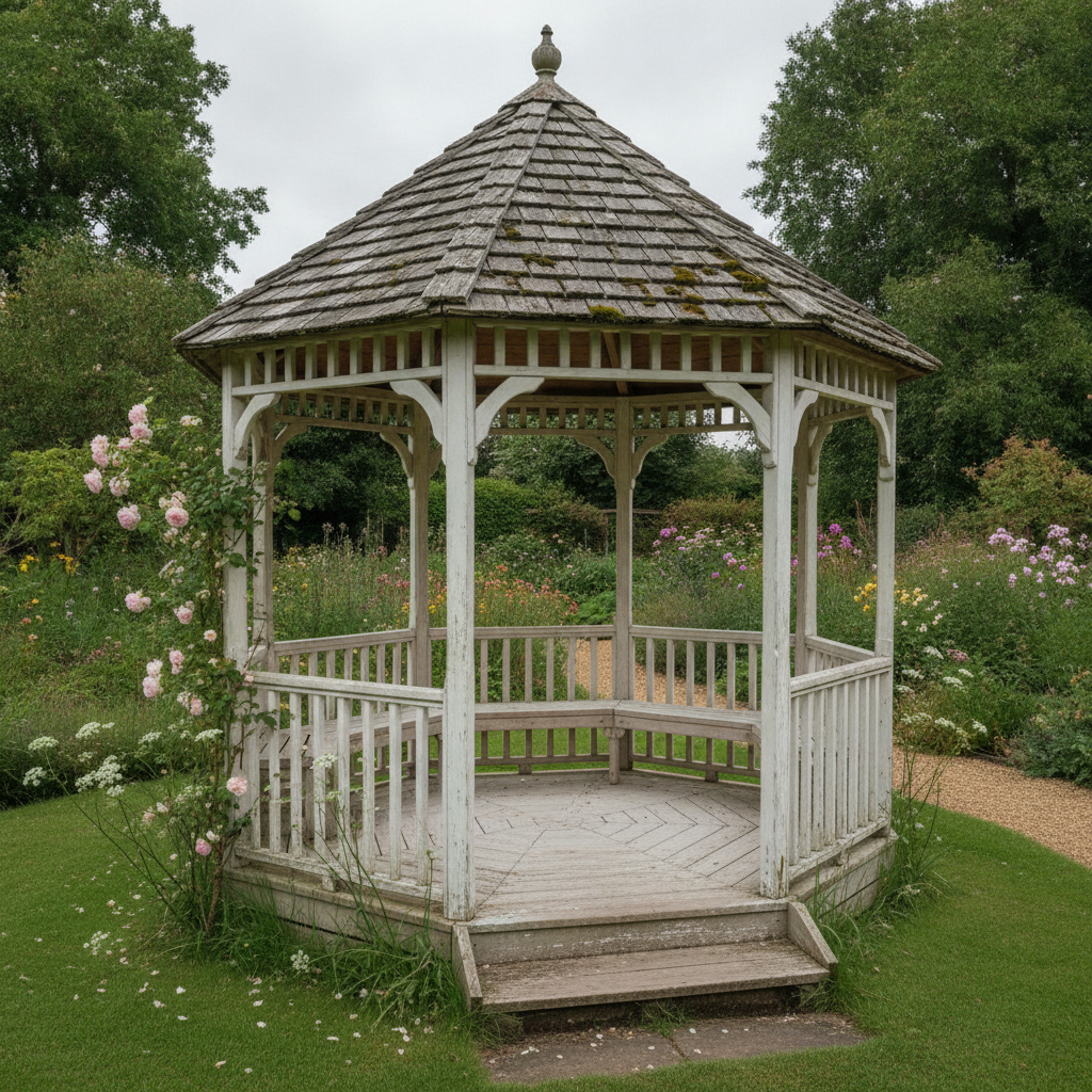 AI gazebo design generator result: a weathered off-white octagonal timber gazebo on a mown lawn, with balustrade bays of square balusters, fretwork brackets and a spindle frieze under the beam, a shingled polygonal roof mossy in the lower courses, a turned finial at the peak, a bench running round the inside and a single step down to the grass beside a climbing rose.