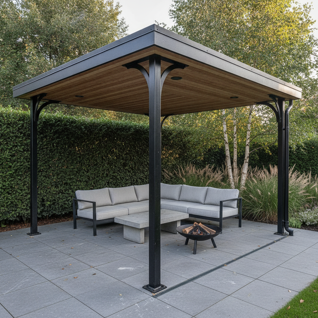 AI gazebo design generator result: a modern square garden pavilion with four black steel posts on bolted base plates, a flat roof with a slim fascia and a warm cedar-slatted soffit, standing on a grey porcelain terrace with a pale grey outdoor sofa, a concrete table, a black fire bowl and a downpipe running down one post to a slot drain.