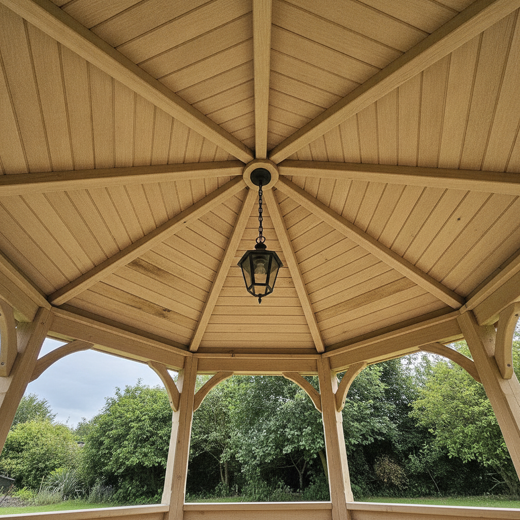 AI gazebo design generator result: the underside of an octagonal gazebo roof photographed looking up, with eight pale oak rafters converging on a single round hub block, eight triangular panels of tongue-and-groove boarding between them, a black iron lantern hanging on a chain from the hub and curved braces at the post heads below.
