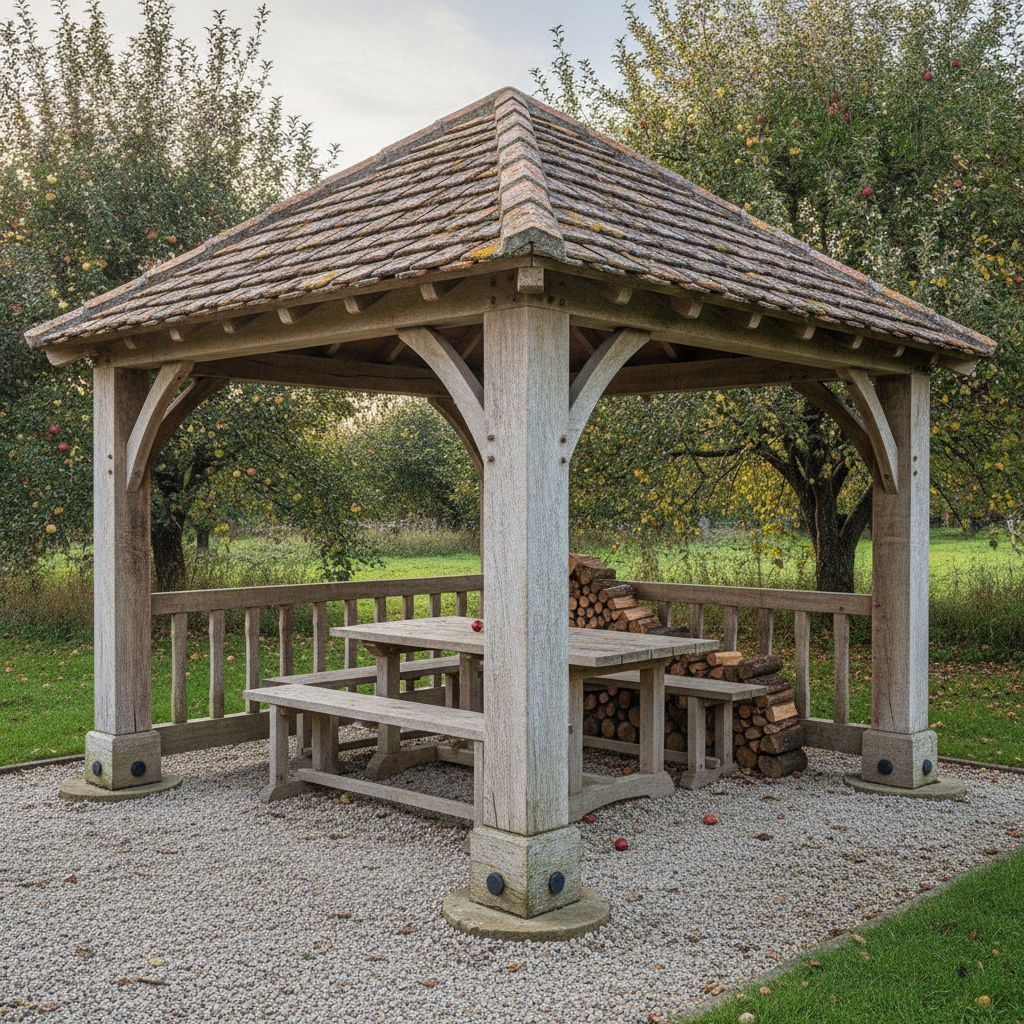 AI gazebo design generator result: a heavy green oak timber-frame gazebo in an orchard, its four thick silvered posts standing on stone pads with bolted shoes, deep curved braces with visible peg ends, a hipped clay tile roof crusted with yellow lichen, a gravel floor with fallen apples, a plank table with benches and a log stack in the rear bay.