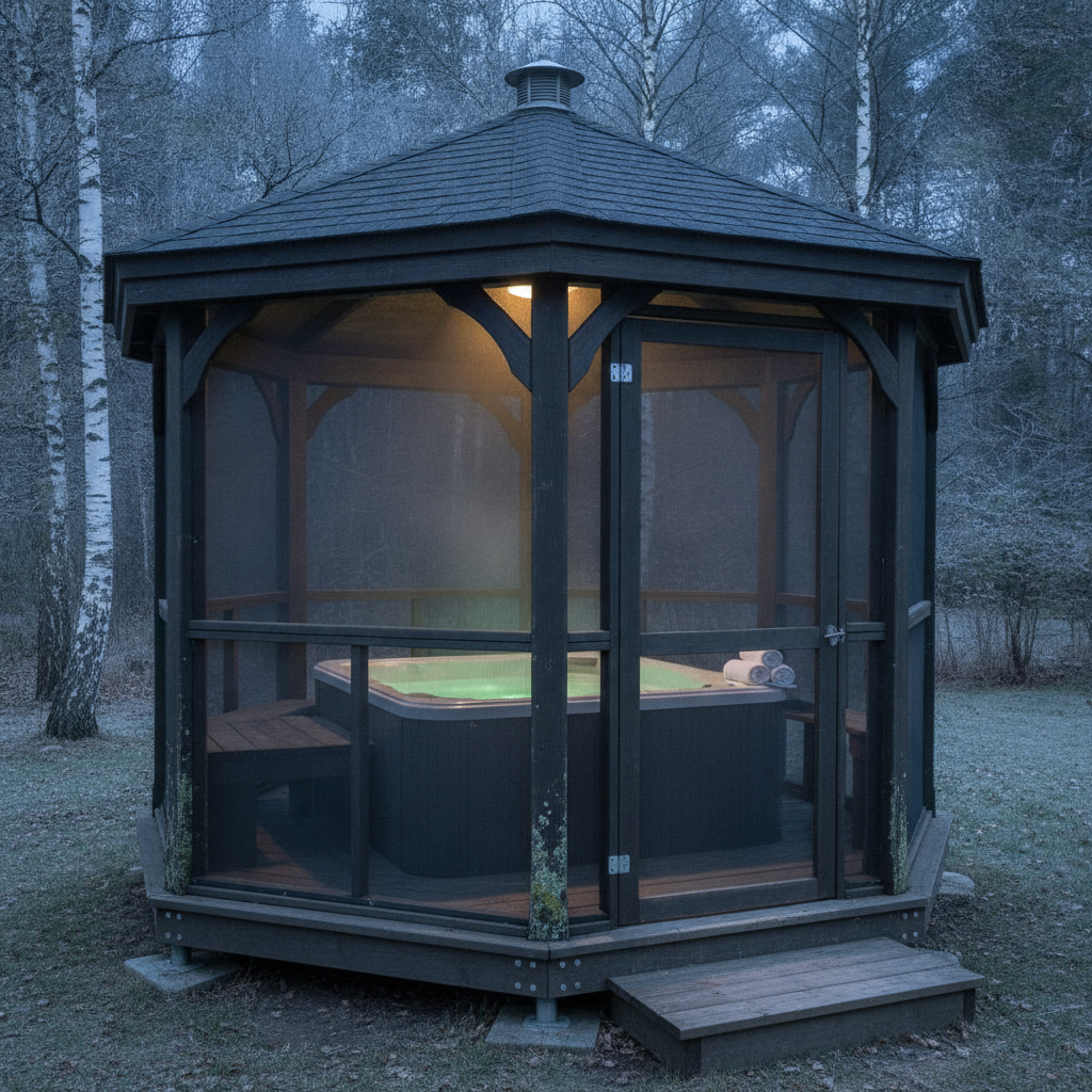 AI gazebo design generator result: a charcoal-stained screened hot tub gazebo on a timber deck at blue winter dusk, its bays filled with matt insect mesh panels in timber frames, a shingled roof with a metal vent cap, a hot tub lit pale green from beneath with steam rising, rolled towels on a bench, a warm lantern inside and frosted grass and birches behind.