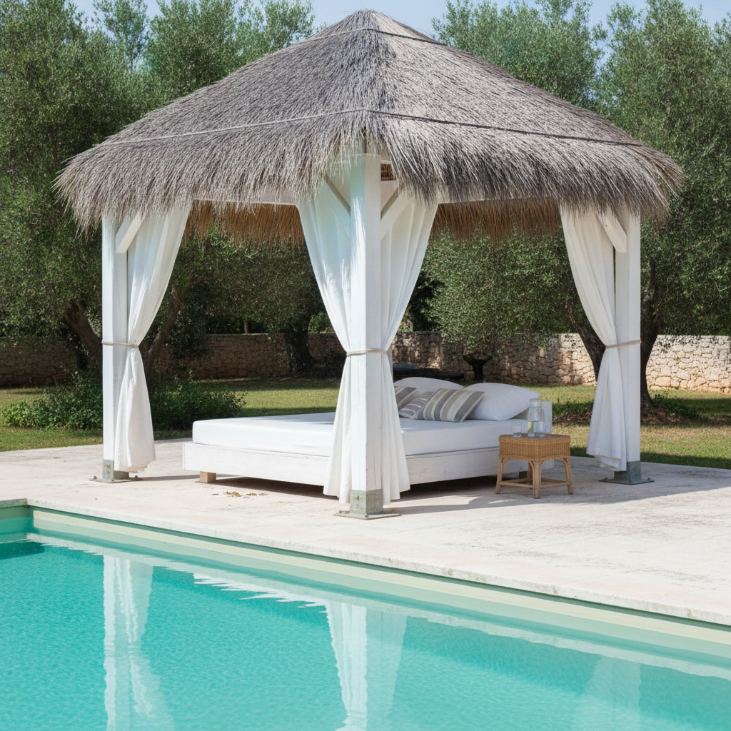 AI gazebo design generator result: a whitewashed poolside cabana gazebo with a thick palm thatch roof weathered grey on top and tawny beneath, white cotton curtains tied back with rope at each post, a wide white day bed with striped cushions and a rattan table with a glass jug, standing on a limestone terrace at the edge of a turquoise swimming pool among olive trees.