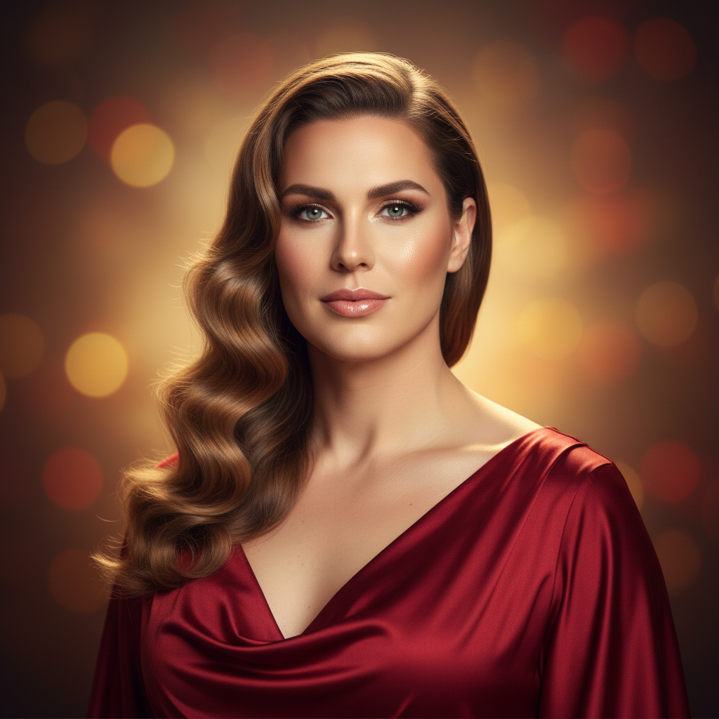 Feminine glamour gender-swap portrait with elegant wavy hair created by the AI gender swap generator