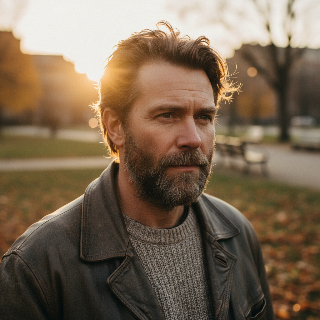 Masculine outdoor gender-swap portrait with a short beard in golden hour light from the AI gender swap generator