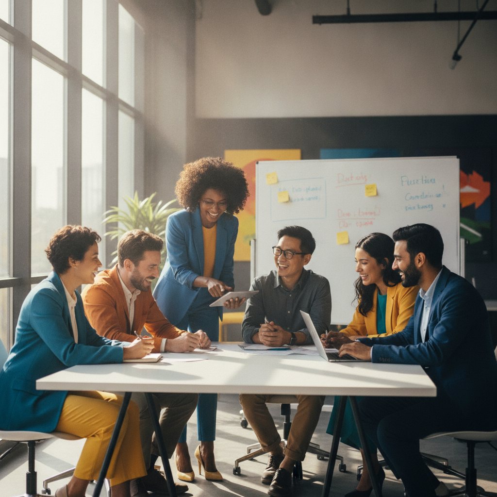 AI content vs stock images example: a custom AI-generated marketing photo of a diverse team collaborating in a sunlit modern office
