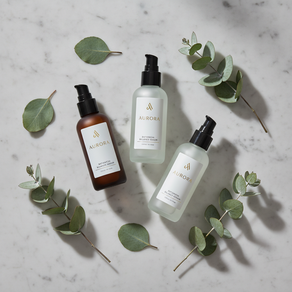 AI content vs stock images example: an AI-generated e-commerce product flat-lay of skincare bottles on marble with eucalyptus leaves