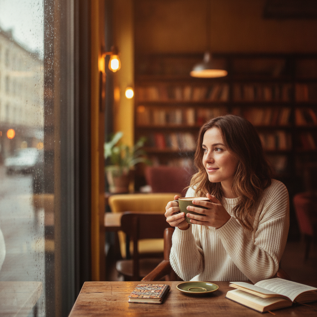 AI content vs stock images example: a bespoke AI-generated lifestyle photo of a woman drinking coffee by a rain-streaked cafe window