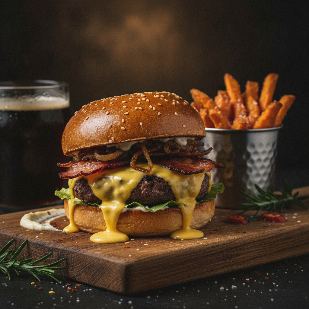 AI content vs stock images example: an AI-generated social media food photo of a gourmet burger with melting cheese on a wooden board