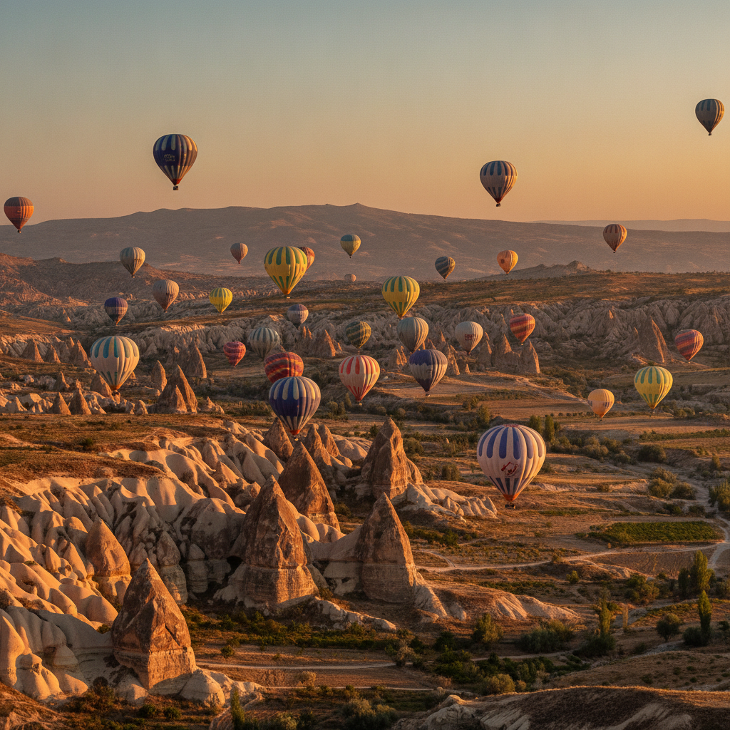 AI content vs stock images example: an AI-generated travel photo of colorful hot air balloons over Cappadocia at golden sunrise