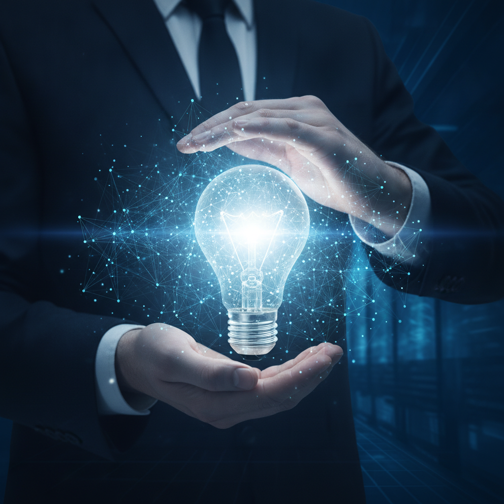 AI content vs stock images example: an AI-generated business concept image of hands holding a glowing lightbulb with a data network