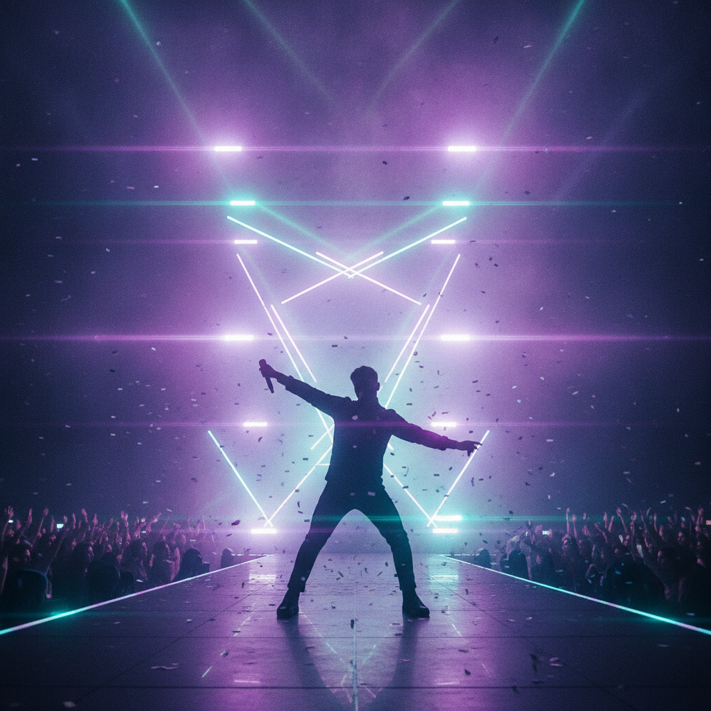 AI-generated music video frame of a singer silhouette on a neon-lit concert stage with volumetric haze
