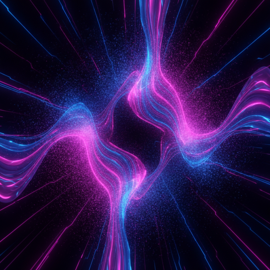 AI-generated music video visual of abstract audio-reactive color waveforms and glowing particles