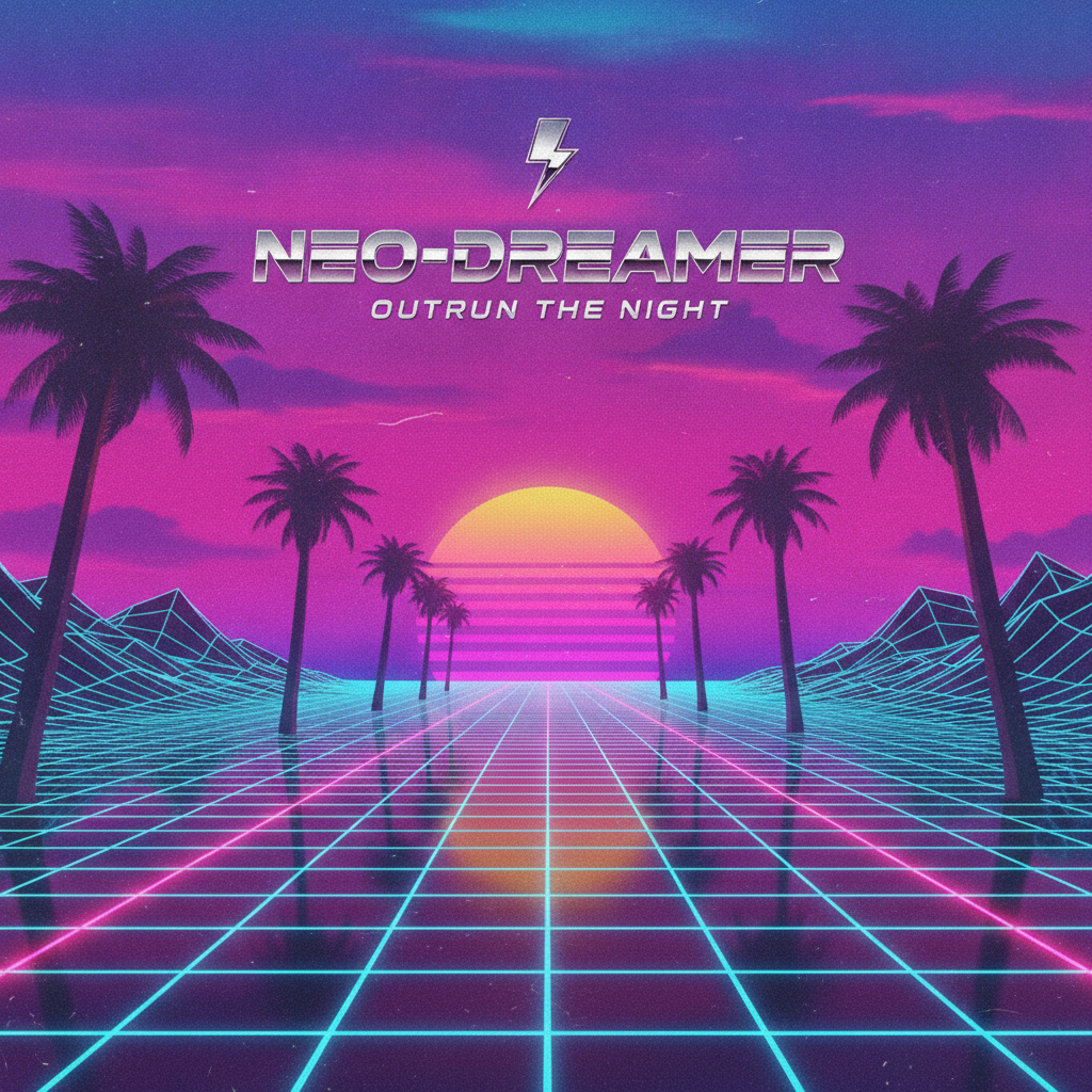 AI-generated music video still in retro 80s synthwave style with a neon grid horizon and sunset