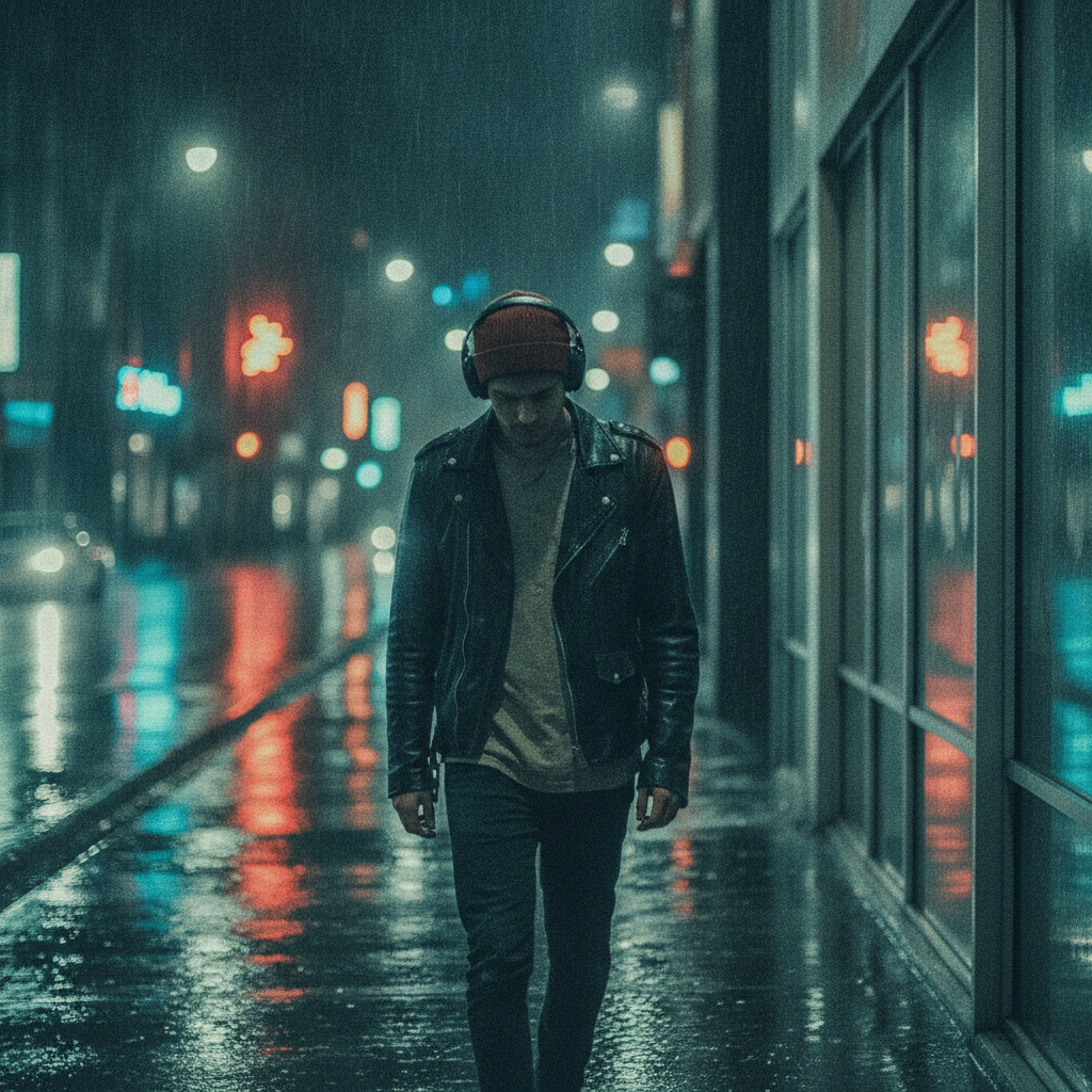 AI-generated music video frame of a musician walking through rain-soaked neon city streets at night