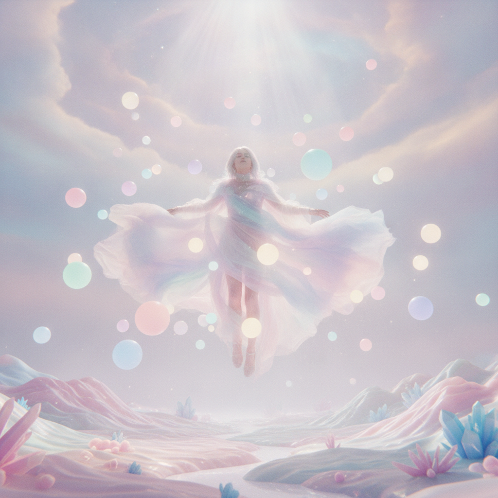 AI-generated music video visual of a dreamy ethereal pop scene with floating performer and glowing orbs