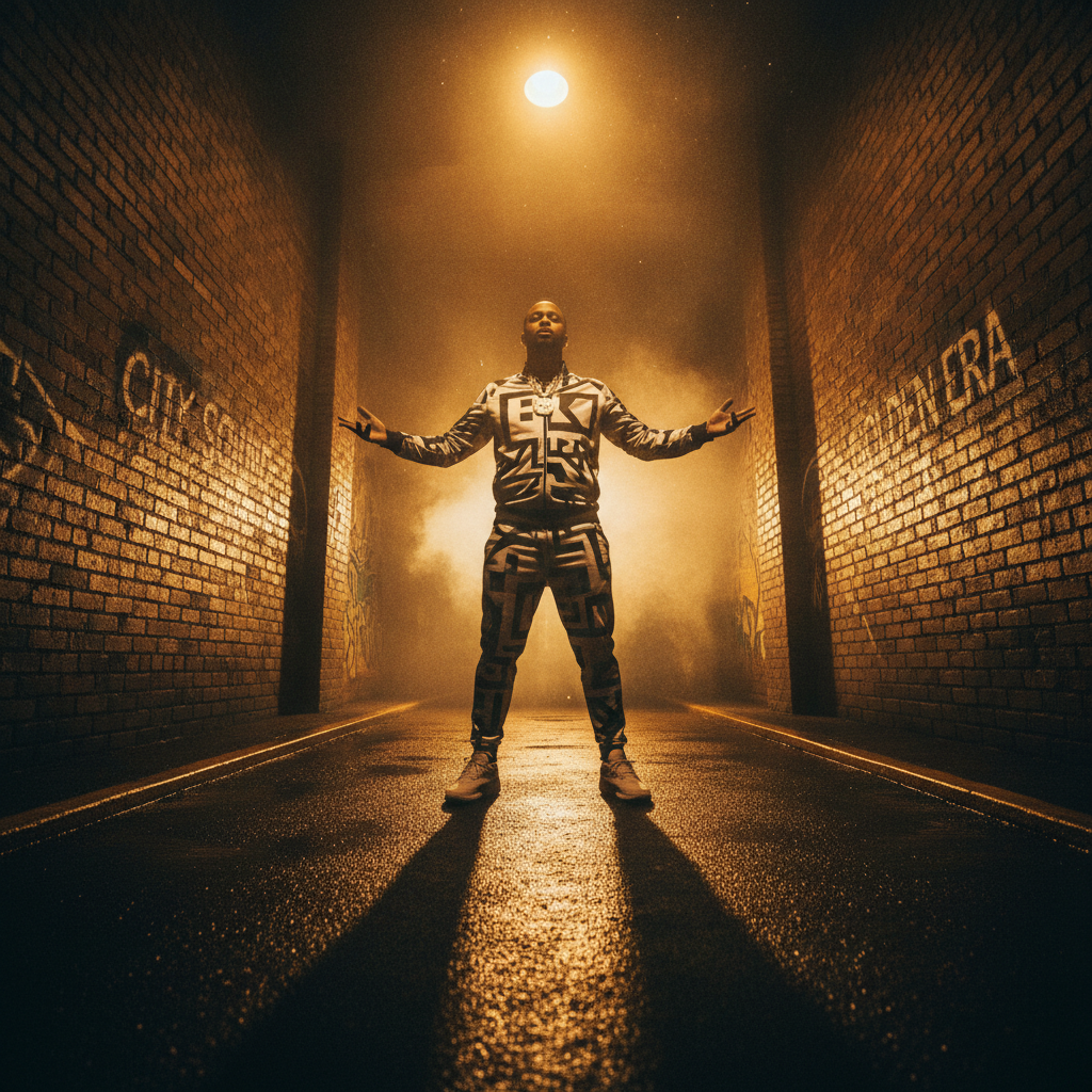 AI-generated music video frame in bold hip-hop style with graffiti walls and dramatic gold spotlight