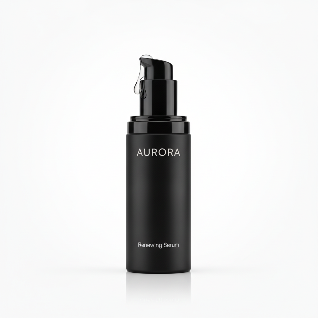 AI-generated product visual of a matte-black skincare serum bottle on a clean white studio background