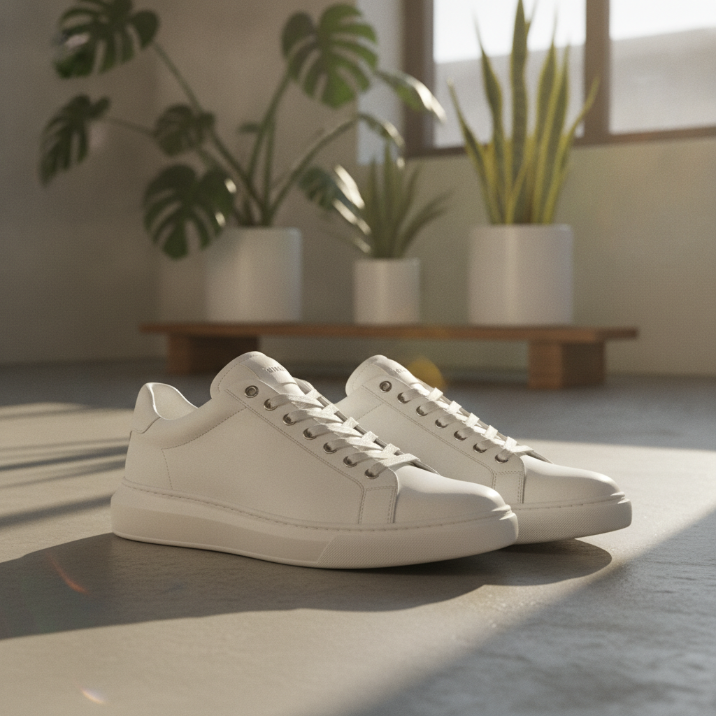 AI product visual of premium white sneakers in a modern lifestyle setting with soft morning light