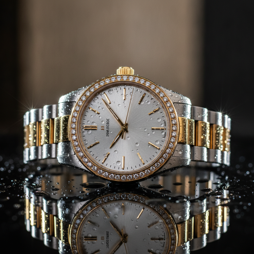AI-generated luxury wristwatch product visual on a glossy black surface with dramatic rim lighting