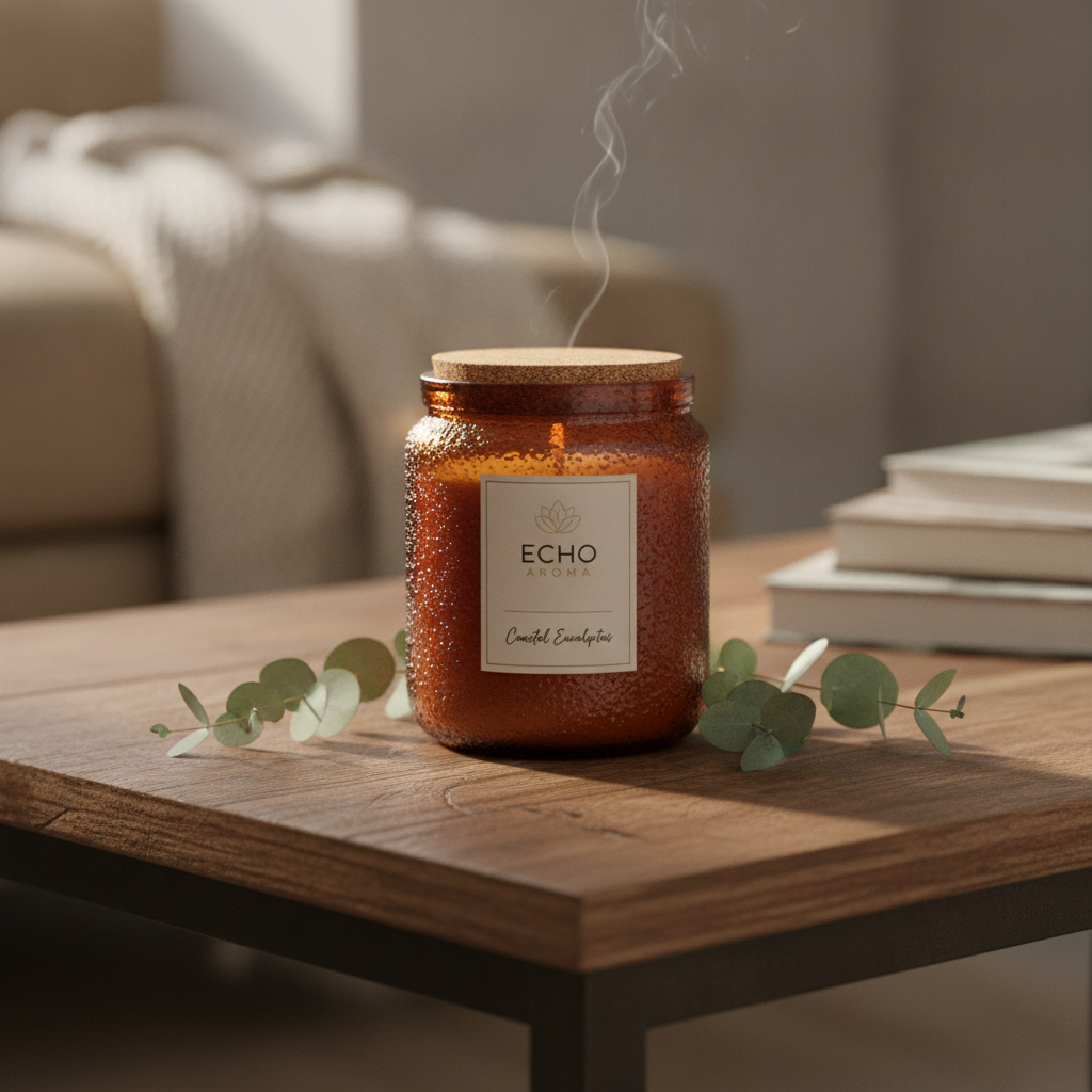 AI marketing visual of a scented candle styled on a cozy wooden table with eucalyptus and warm daylight