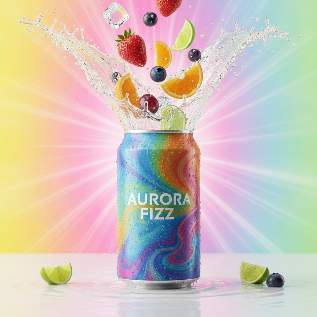 Vibrant AI product visual of a sparkling beverage can splashing with fresh fruit and ice