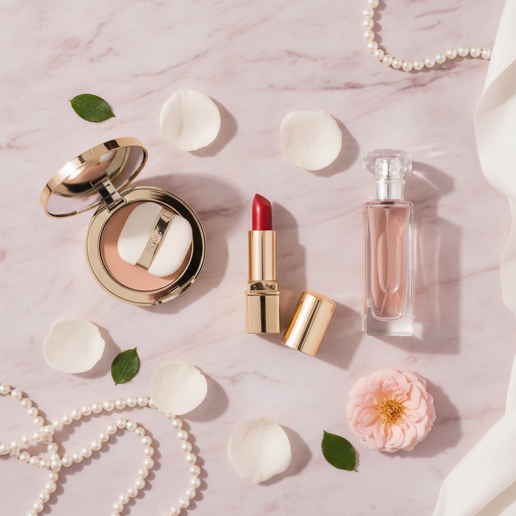 AI-generated cosmetics flat lay product visual on a soft pink marble surface with rose petals