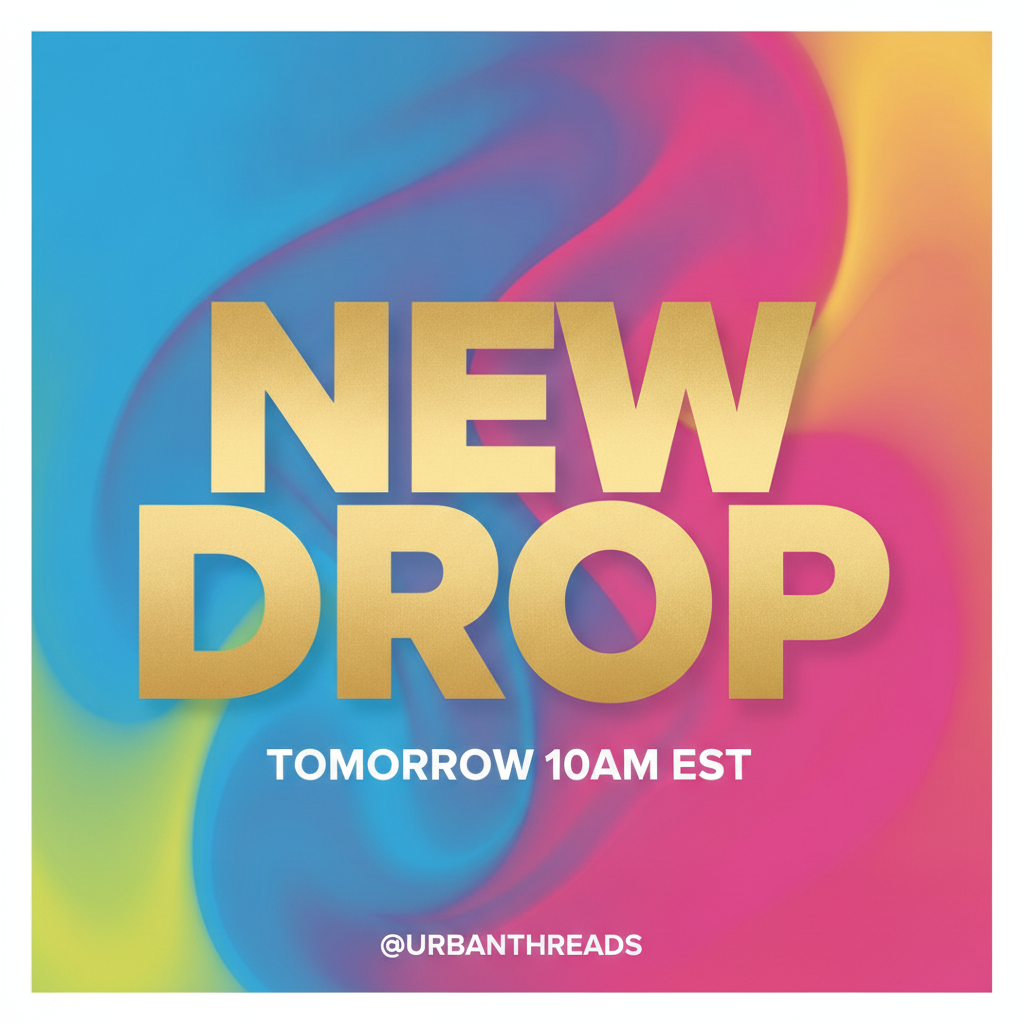 AI-generated social media content showing a bold modern Instagram feed post graphic with a vibrant gradient background and trendy "NEW DROP" typography