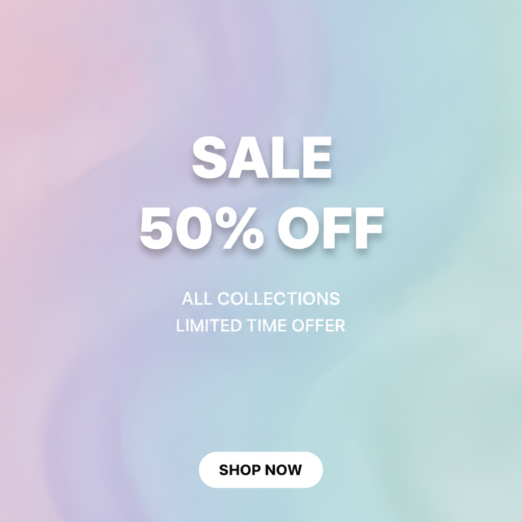 AI-generated social media content showing a vertical Instagram story template with a pastel gradient and bold "SALE 50% OFF" headline