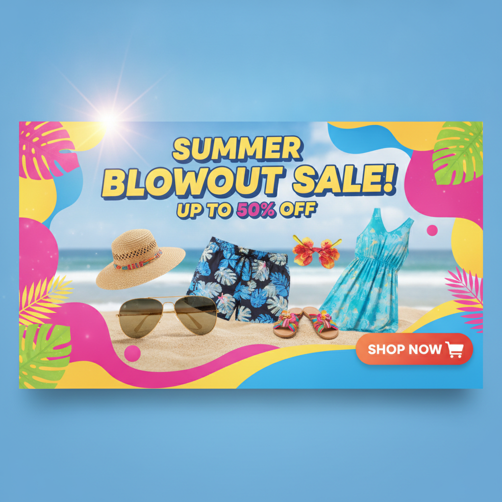 AI-generated social media content showing a colorful Facebook ad banner for a summer sale with a product showcase and clear call-to-action button