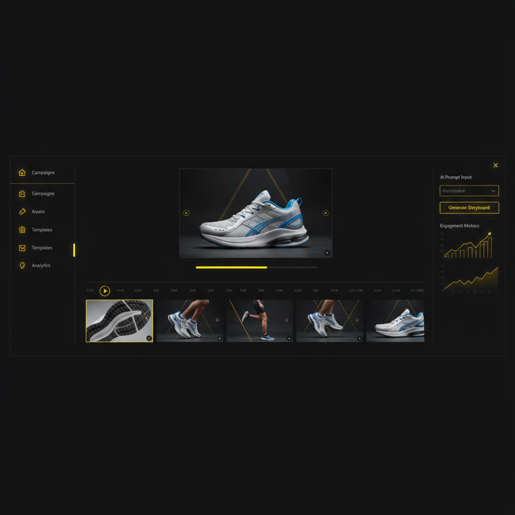 AI-generated video advertising studio dashboard building a sneaker product video ad storyboard with multiple ad frame thumbnails, dark UI yellow accents