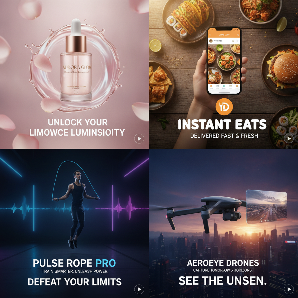 A grid of AI-generated video ad creatives for cosmetics, food delivery, fitness, and tech gadget brands, each with crisp readable headline text