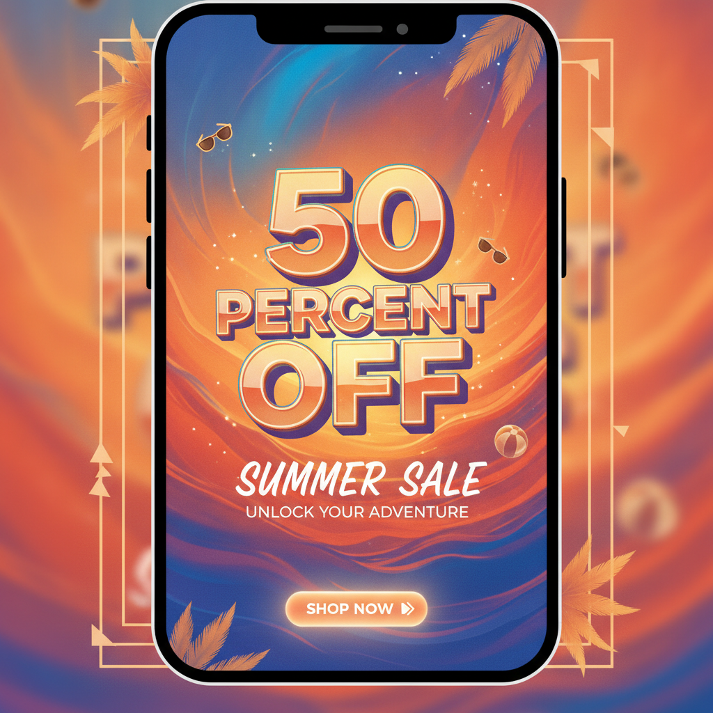 A vertical mobile AI-generated video ad creative for a summer sale campaign with energetic gradient background and bold 50 percent off promotional text