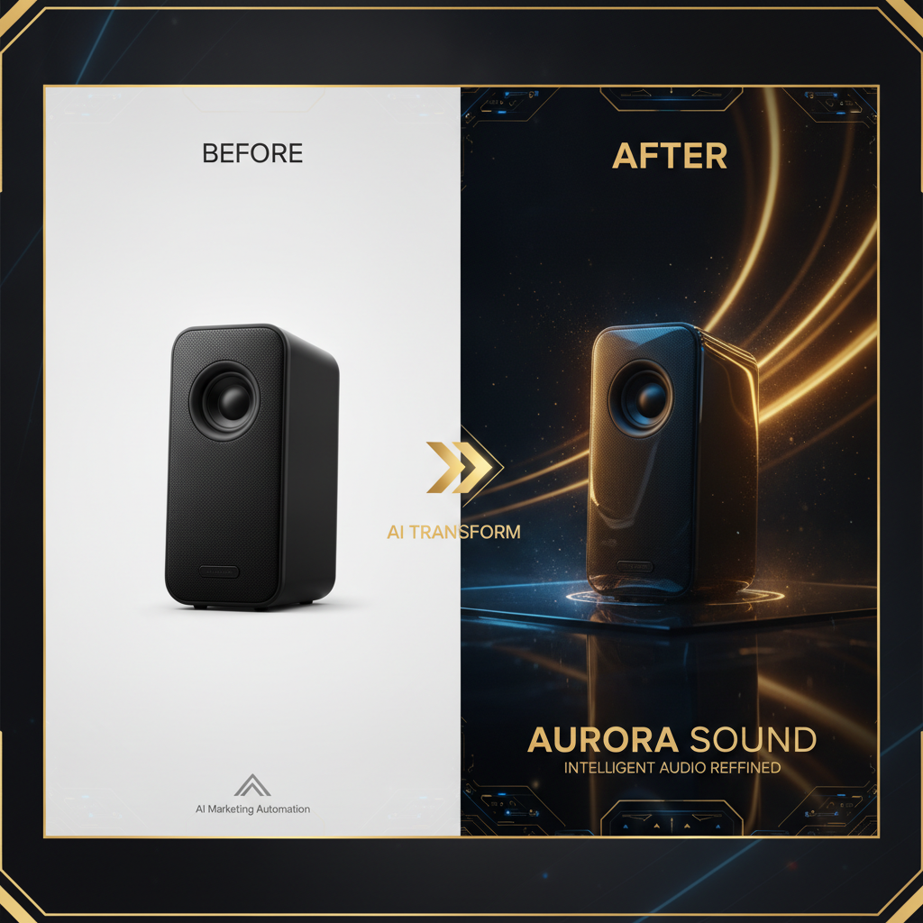 Before-and-after card showing a plain product photo transformed into a cinematic AI-generated video ad keyframe with dramatic lighting and brand text
