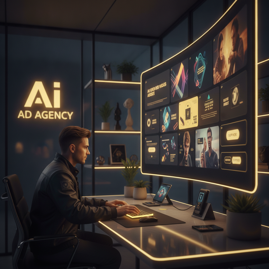 A marketer reviewing AI-generated video advertising assets — animated ad banners, campaign keyframes, and call-to-action graphics floating as UI cards