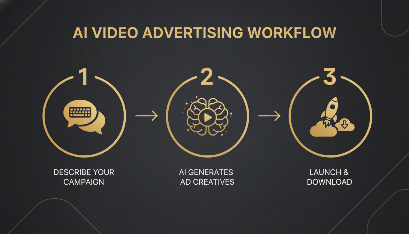 Three-step AI-generated video advertising workflow infographic — describe your campaign, AI generates ad creatives, launch and download — dark UI gold accents