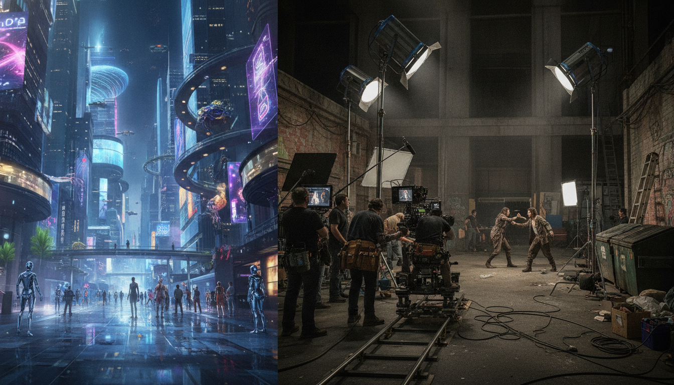 AI videos vs live action split-screen comparison of an AI digital city and a live film set