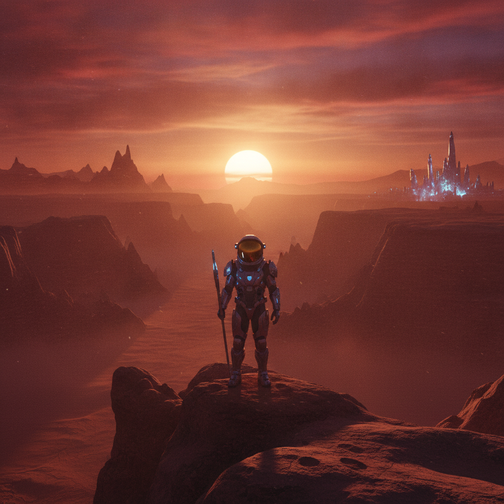 AI-generated cinematic still of an astronaut on an alien planet impossible to shoot live action