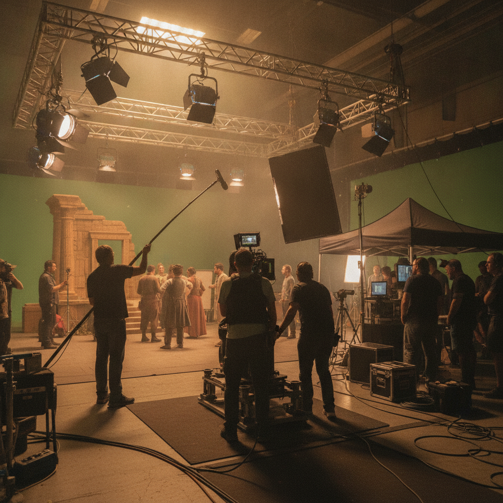 Behind the scenes of a live-action film production with camera crew and lighting rigs