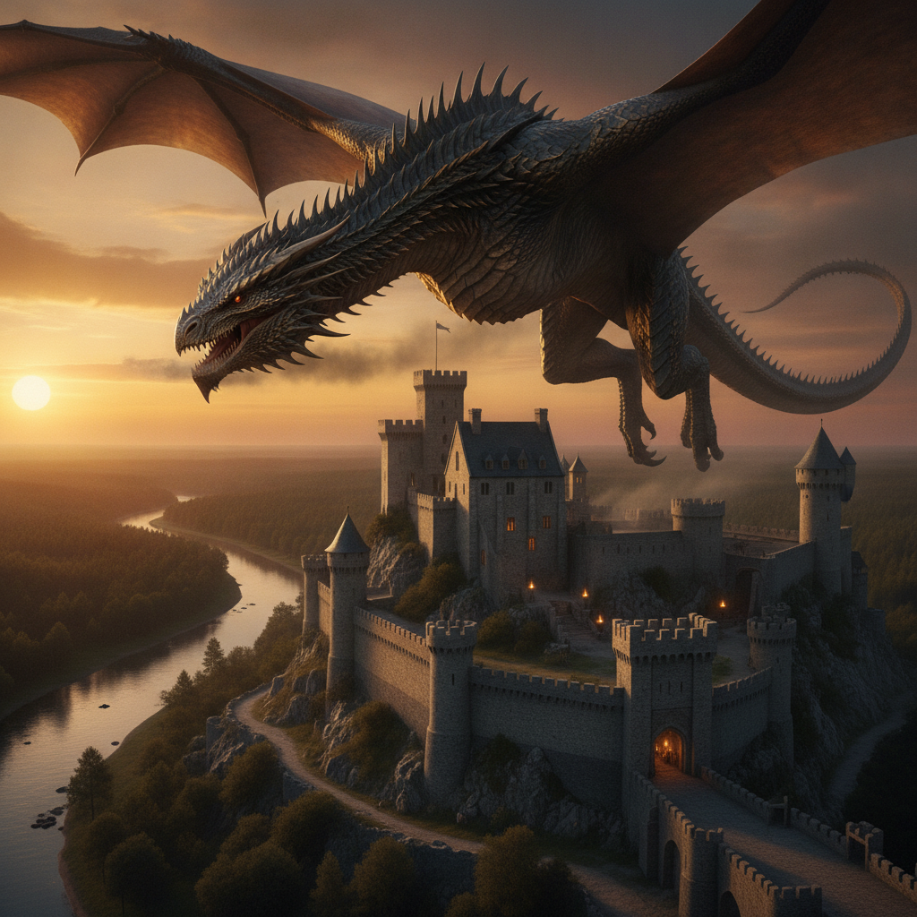 AI-generated fantasy dragon over a castle, a scene no live-action shoot could capture