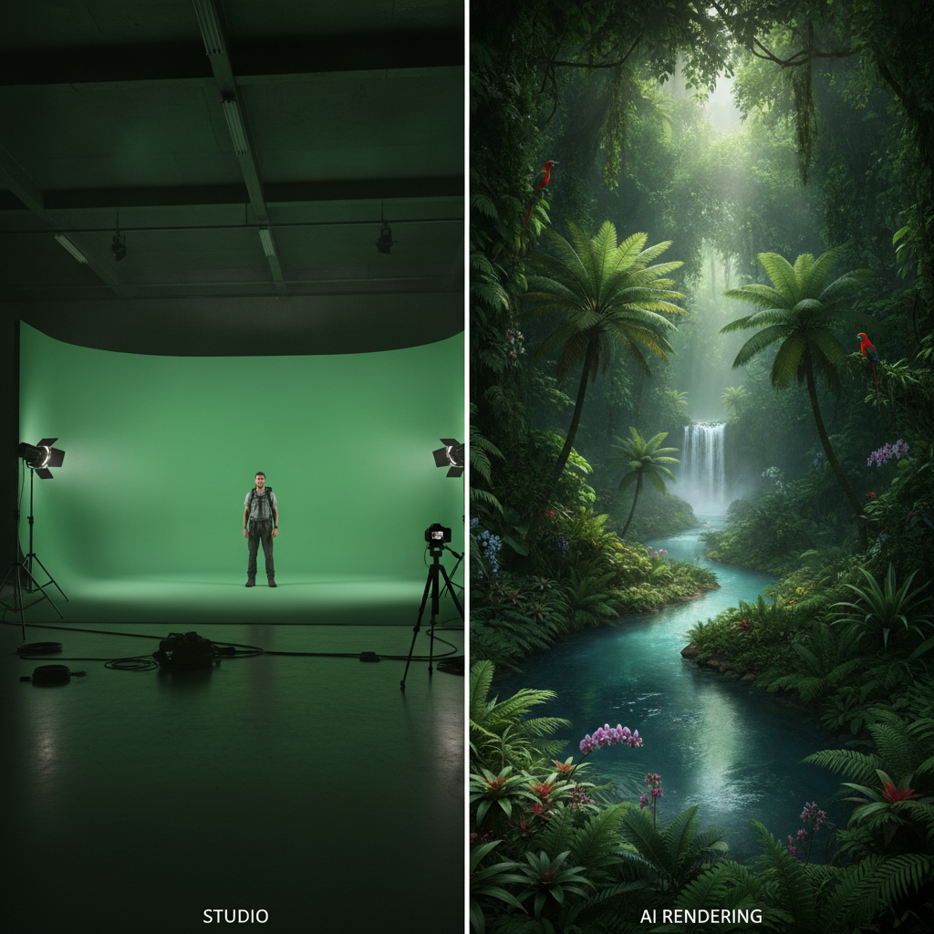 Green screen studio versus fully AI-rendered jungle scene comparison