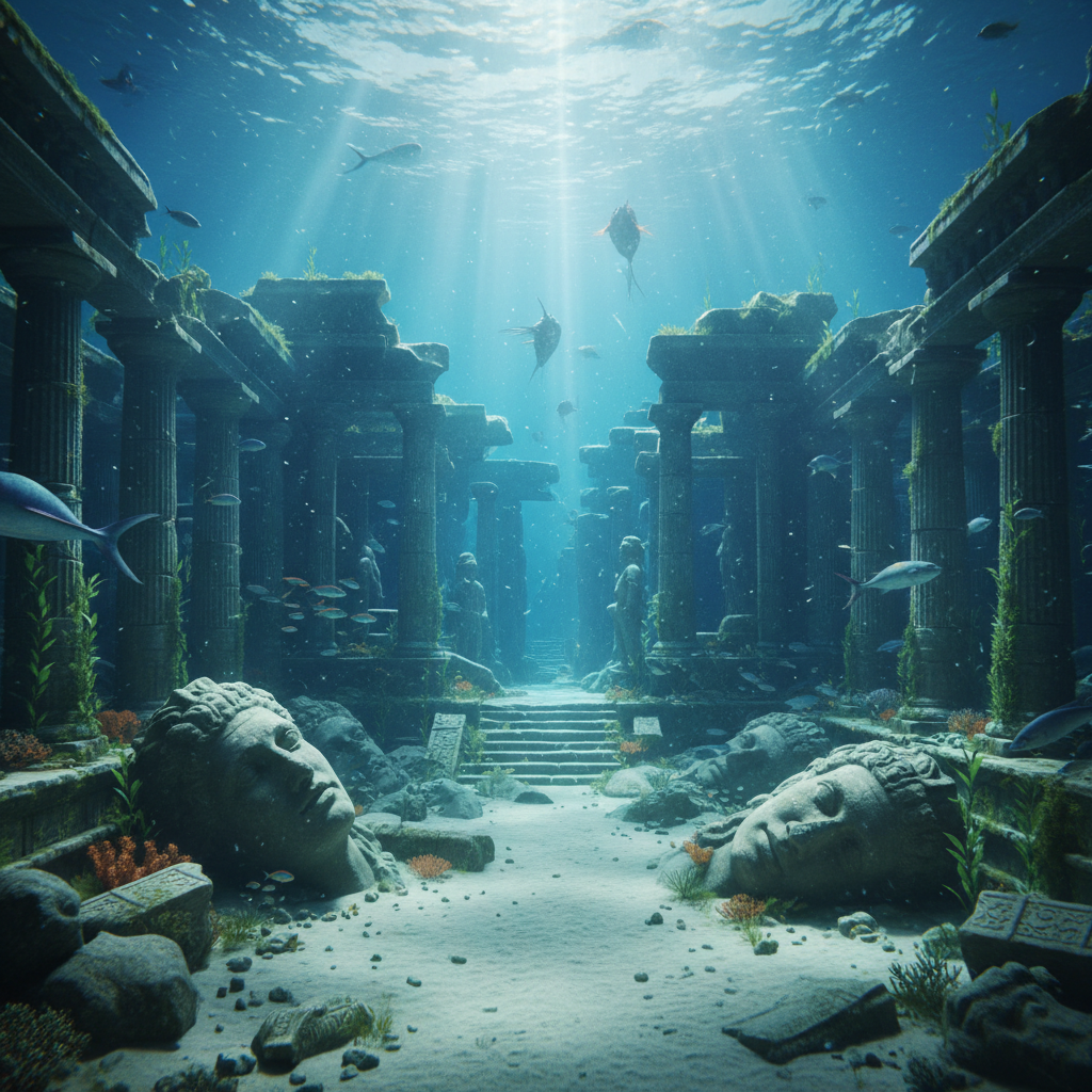 AI-generated underwater temple cinematic scene built without an underwater film crew