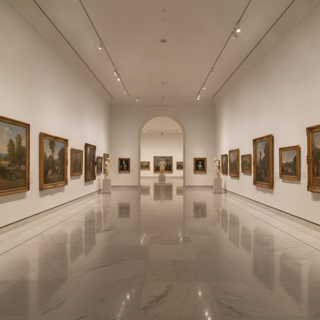 AI virtual tour of an elegant art museum gallery hall with framed paintings