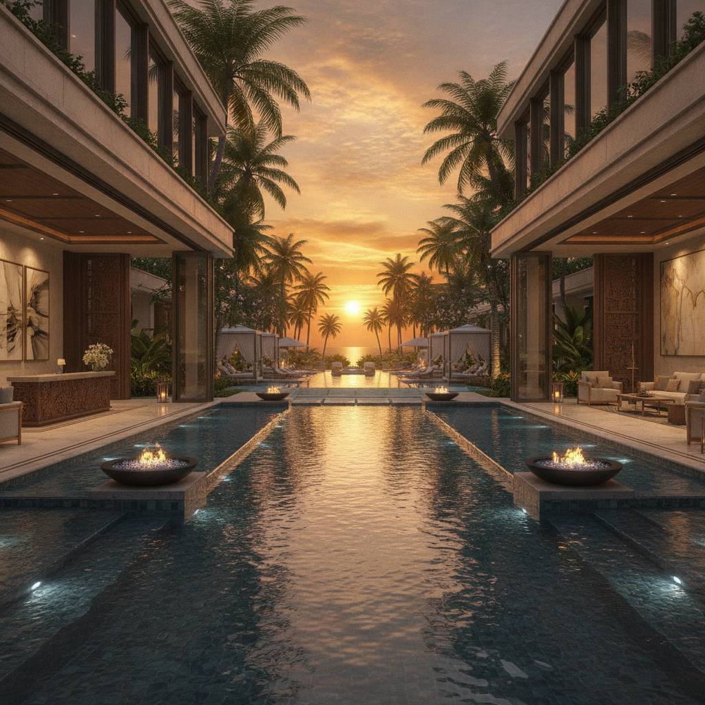 Immersive AI tour of a luxury hotel resort lobby and pool area at sunset