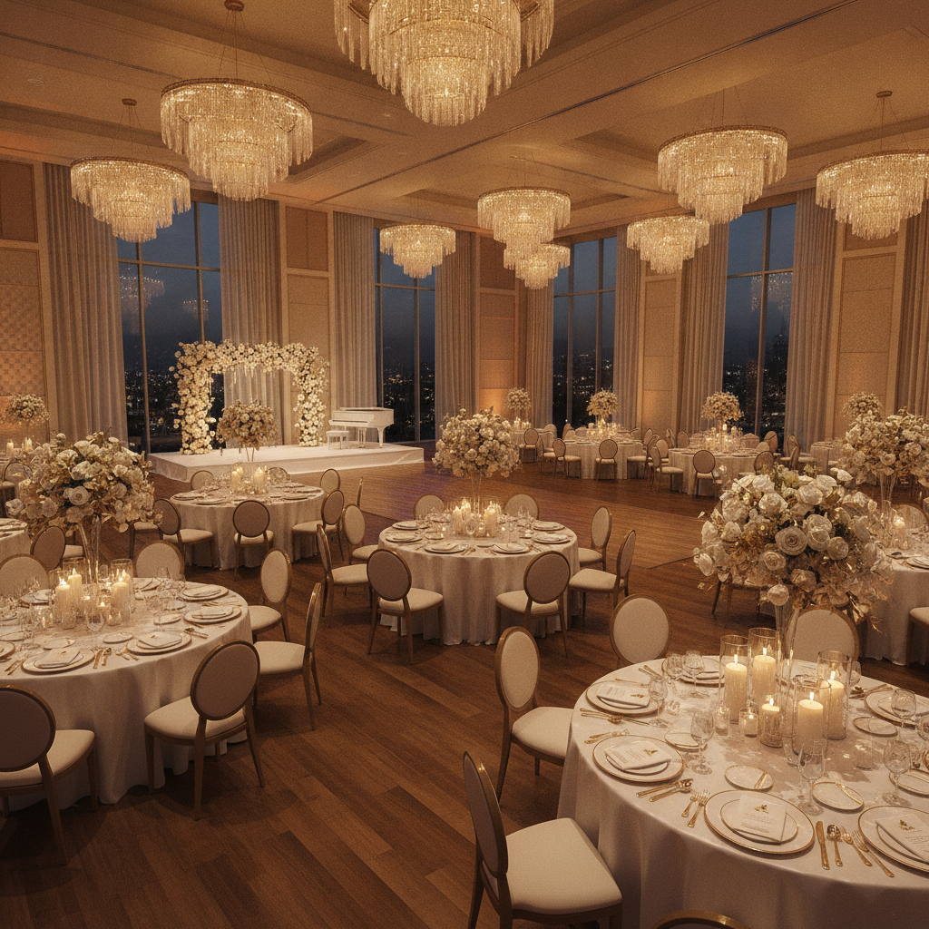 AI-generated virtual tour of a modern event venue ballroom set for a wedding